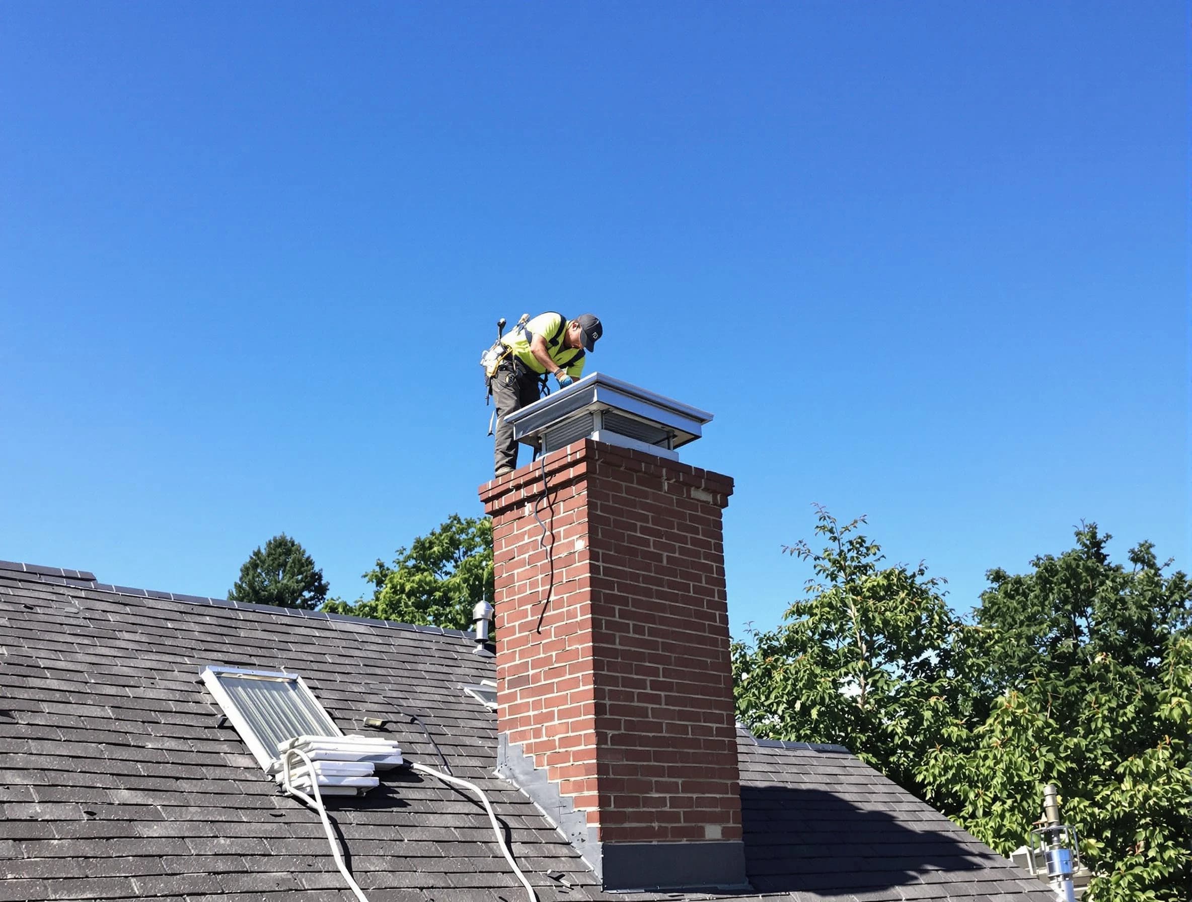 Fairfield Plantation Chimney Sweep technician measuring a chimney cap in Fairfield Plantation, GA